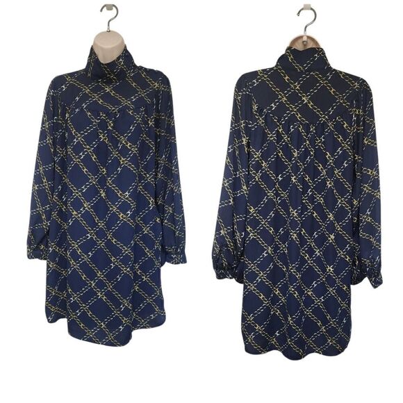 WHO WHAT WHERE Blue/Gold Chain Print Long Sleeve High Collar Dress Size XS - Picture 3 of 10
